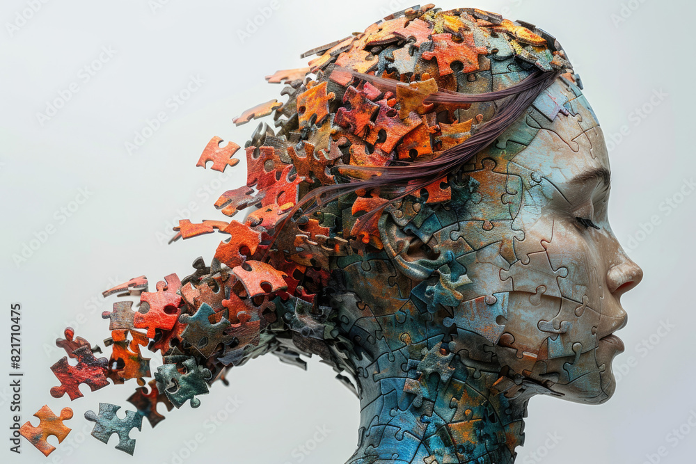 A profile view of an African American woman's head with her hair made up entirely from colorful puzzle pieces. Created with Ai