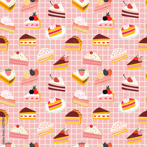 Hand drawn vintage dessert food seamless pattern. Sweet pastry background illustration with retro bakery goods, cup cake wallpaper.	Bistro design texture, restaurant print.
