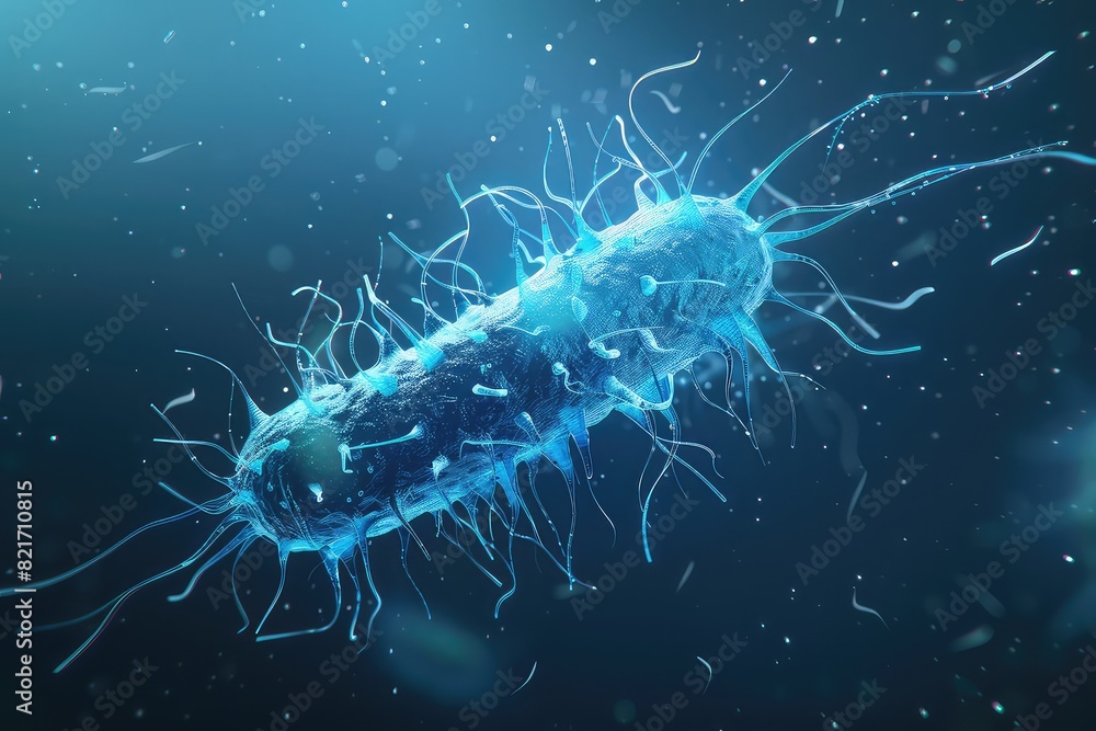 scientific illustration of bacterium with flagella in a blue microscopic view scientific illustration of bacterium with flagella in a blue microscopic view
