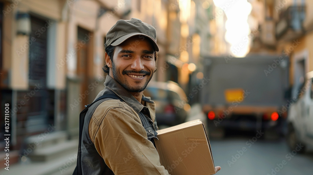 A Indian delivery man wearing a hat holding a delivery box, smiling and approaching, with a delivery truck A Indian delivery man wearing a hat holding a delivery box, smiling and approaching, with a delivery truck