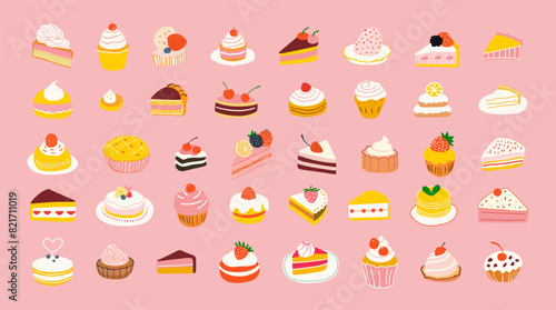 Set of hand drawn vintage sweet dessert food. Cake illustration collection with pastry goods, bakery product clip art bundle. Cupcake element drawing, flat cartoon.