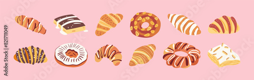 Set of hand drawn vintage sweet dessert food. Bakery pastry illustration collection with traditional french product clip art bundle.
