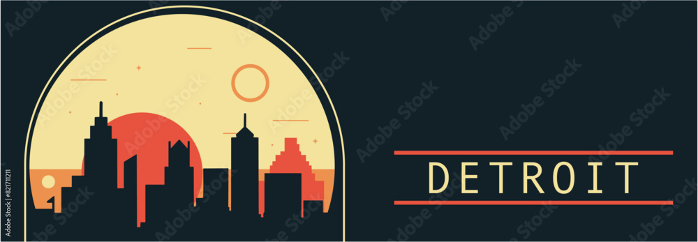 Detroit city retro style vector banner with skyline, cityscape. USA Michigan state vintage horizontal illustration. United States of America travel layout for web presentation, header, footer