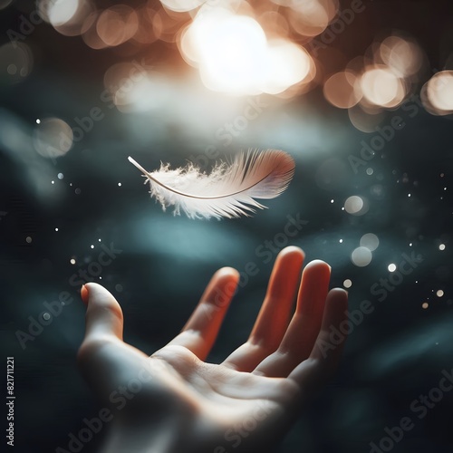 Delicate feather caught in mid-air above an outstretched hand against a blurred background generated by ai