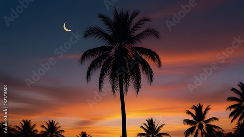 a tropical sunset with silhouettes of palm trees against a vibrant sky that transitions from warm orange to deep blue, with a crescent moon visible above the horizon generated by ai