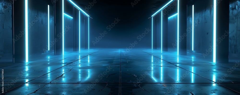 A dim passageway illuminated by vibrant neon lights and lined with a solid cement wall
A dim passageway illuminated by vibrant neon lights and lined with a solid cement wall