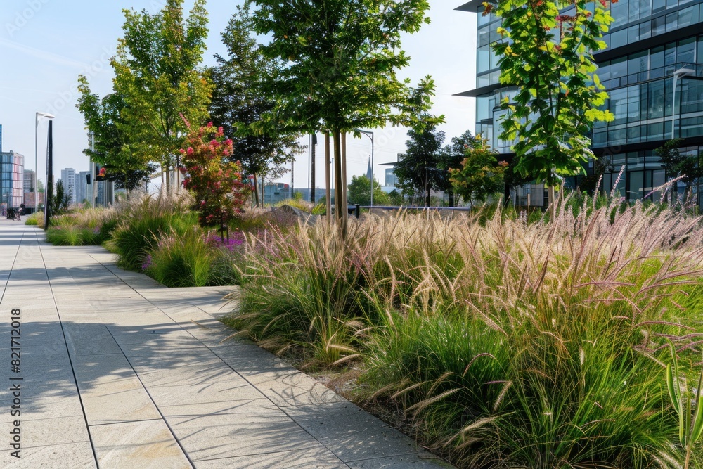 A city square featuring a mix of ornamental grasses, flowering plants, and modern buildings in the background.