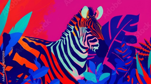 Illustration portrait of a zebra in trendy colorful psychedelic surreal colors