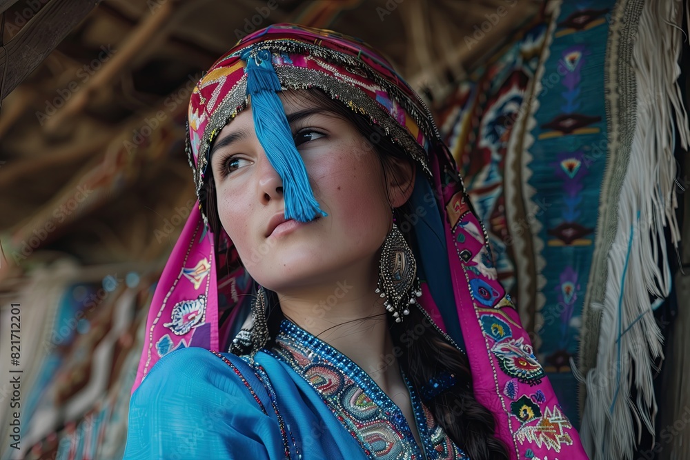 Kazakh girl in national attire wearing blue silk and a pink headscarf with tassels. Youth. Village hut. Colorful textile, fabrics. Dagestani woman. Middle Eastern lady