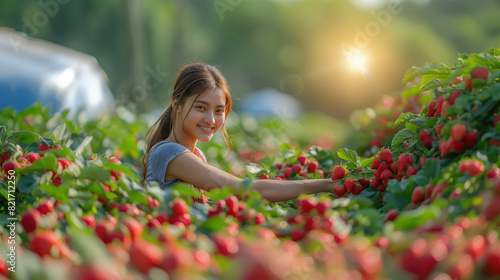 A Young Indian woman is picking strawberries in a strawberry garden and there are many more fruits