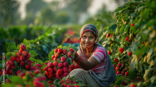 A young Indian woman is picking strawberries in a strawberry garden and there are many more fruits.