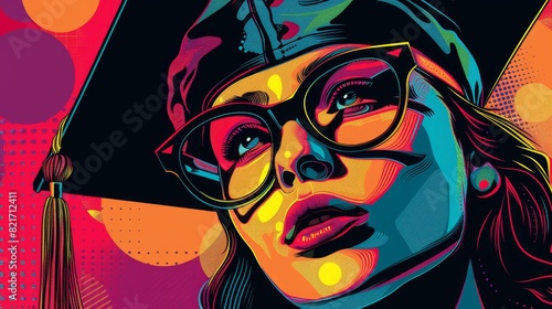 Pop art female graduate with glasses on colorful background