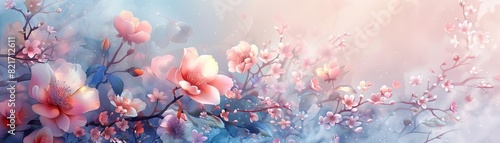 Dreamy pink flowers on branches with soft pastel background