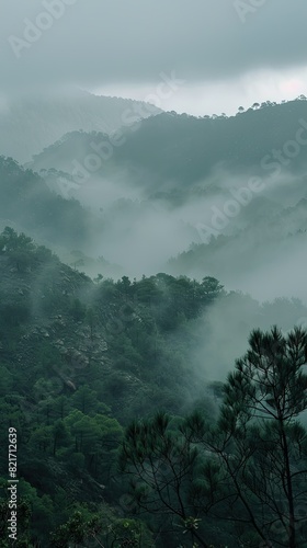 Hazy mountain landscape in morning mist