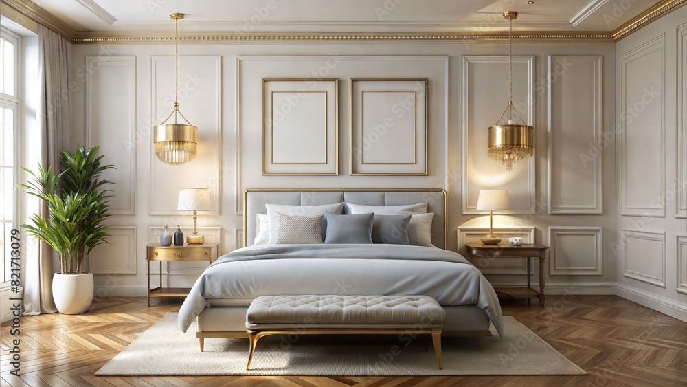 Fototapeta premium Stylish Bedroom Frame Mockup – Gold Frame: A stylish bedroom with a gold frame on a white wall, ideal for luxurious and elegant artwork. 