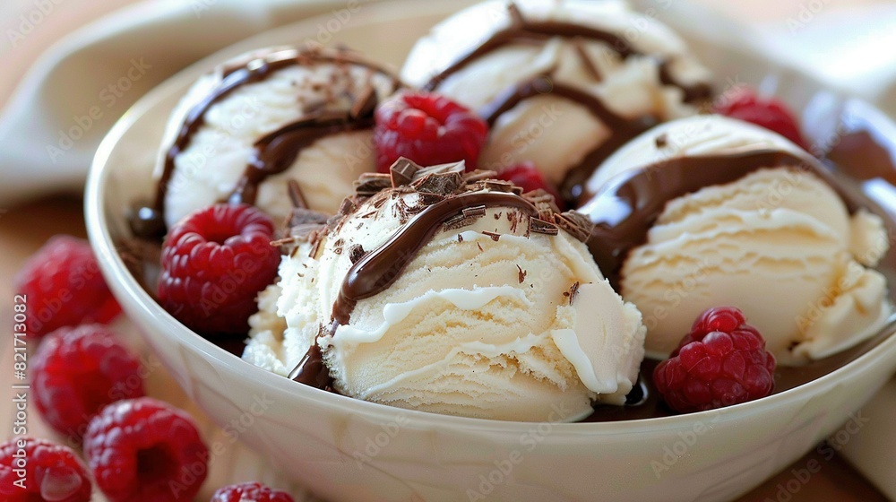 Bowl of ice cream with raspberries and chocolate drizzle Bowl of ice cream with raspberries and chocolate drizzle