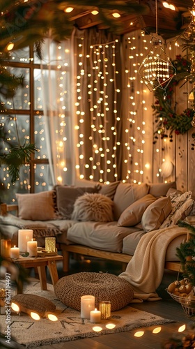 Defocused Christmas lights in cozy room