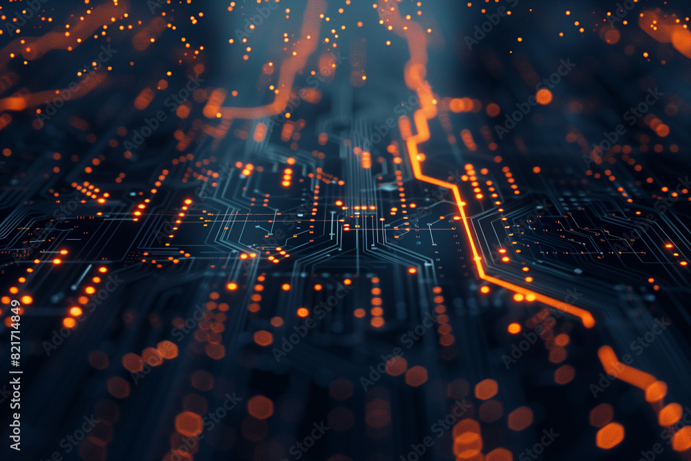 Fototapeta premium Abstract close-up of a modern electronic circuit board with glowing components and lines, depicting technology and connectivity.