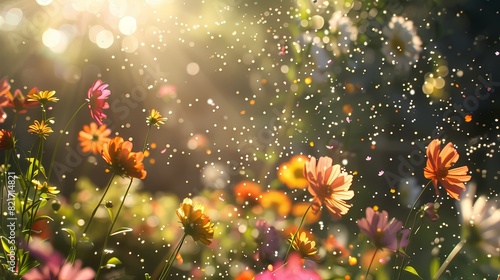 A garden full of flowers, with a background of pollen particles floating in the air