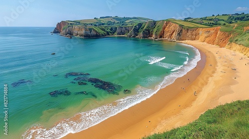   A vast expanse of water adjoins a sandy shore, with lush green hills stretching out across the horizon on the opposite side photo