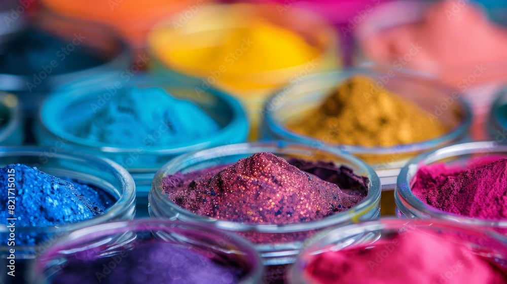 Close-up of colorful powder pigments in glass jars creating a vibrant and artistic palette perfect for art and craft projects with a focus on texture and color variety Close-up of colorful powder pigments in glass jars creating a vibrant and artistic palette perfect for art and craft projects with a focus on texture and color variety