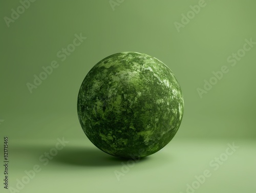 A green sphere with a textured surface sits on a matching green background  creating a minimalist and monochromatic visual.