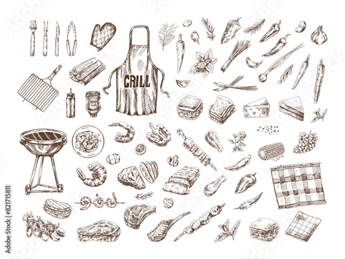 A set of hand-drawn monochrome sketches of barbecue and picnic elements. For the design of the menu of restaurants and cafes, grilled food. Doodle vintage illustration. Engraved image.