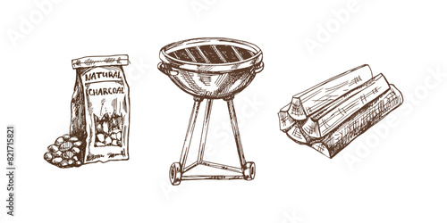 Hand-drawn vector monochrome sketch of Barbecue grill, charcoal and firewood on white background. Doodle vintage illustration. Decorations for the menu of cafes and labels.