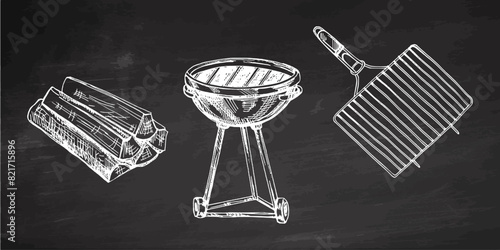 A set of hand-drawn monochrome sketches of barbecue and picnic elements, barbecue grill, firewood. For design of menu of restaurants on chalkboard background.