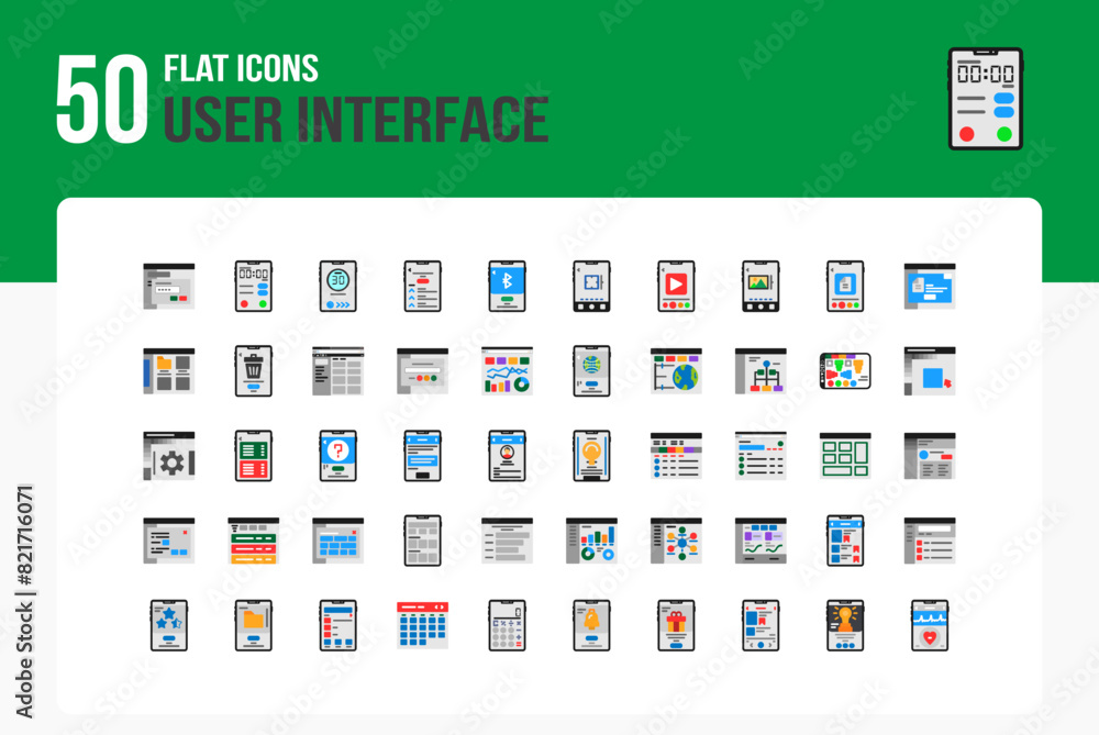 Set of 50 User Interface icons related to home, search, Settings, Profile Flat Icon collection Set of 50 User Interface icons related to home, search, Settings, Profile Flat Icon collection