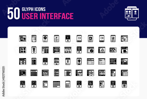 Set of 50 User Interface icons related to home, search, Settings, Profile Glyph Icon collection