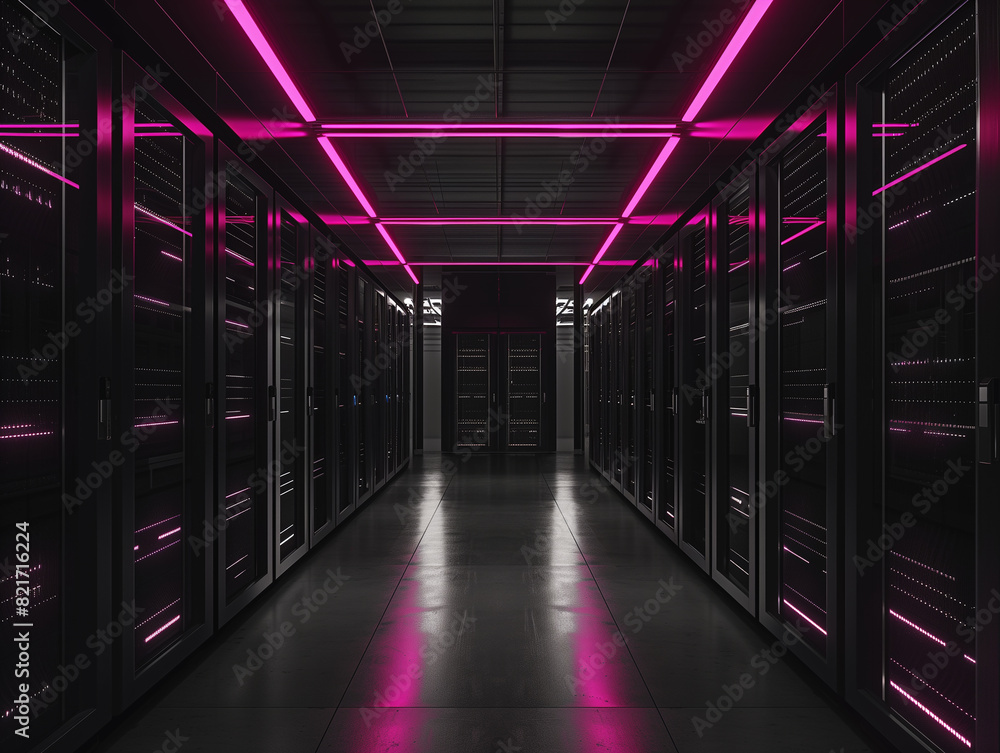 Modern data center hallway with black server racks and vibrant pink lighting, showcasing advanced technology and infrastructure. Modern data center hallway with black server racks and vibrant pink lighting, showcasing advanced technology and infrastructure.