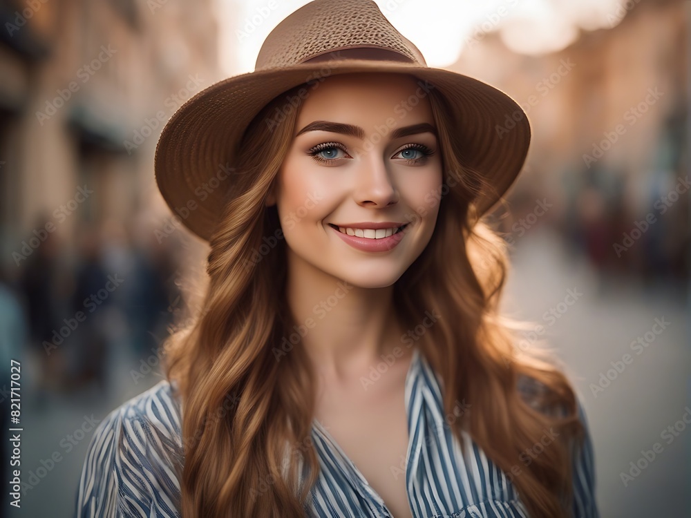 Photo of young happy positive attractive smiling girl wear beautiful outfit. Woman standing outside city. Photo of young happy positive attractive smiling girl wear beautiful outfit. Woman standing outside city.