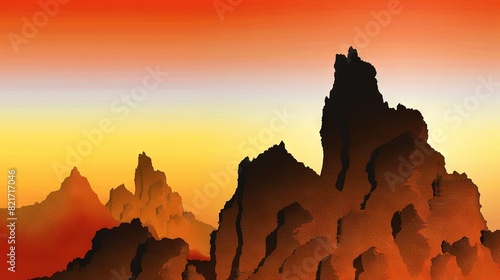  A vibrant double-sky mountain range painting, with red and yellow hues in both backgrounds and foregrounds