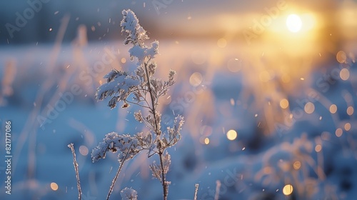 Golden sunrise illuminates frost-covered branches creating a magical winter scene filled with warmth and delicate beauty. Generative Ai