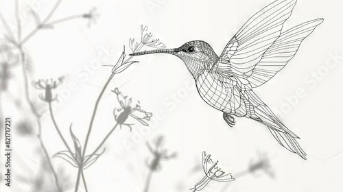   A monochromatic image of a hummingbird in flight, with a blossom in its bill © Anna