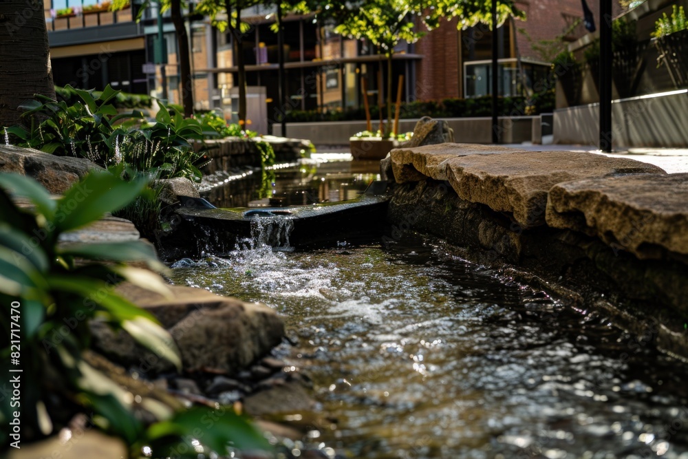 Fototapeta premium Small water feature in a downtown area, with strategically placed rocks and plants, creating a tranquil urban environment.