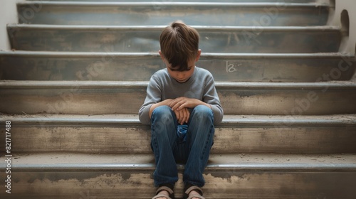Young boy sitting on outdoor steps during daytime looking sad and thoughtful. © Pro Hi-Res