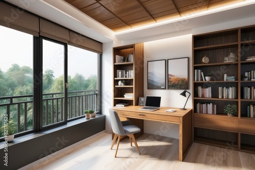 Classic Closed Balcony Design With Study Table And Wooden False Ceiling