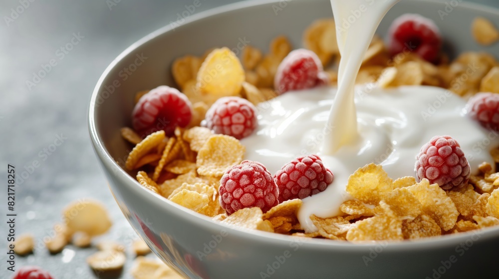 Pouring milk over cornflakes and raspberries in a gray bowl during breakfast. Pouring milk over cornflakes and raspberries in a gray bowl during breakfast.