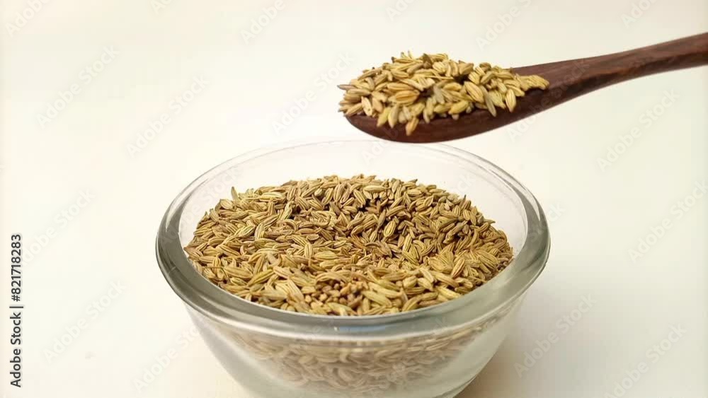 Spoon out of Fennel seeds from the glass bowl with a wooden spoon, herbs and spices Spoon out of Fennel seeds from the glass bowl with a wooden spoon, herbs and spices