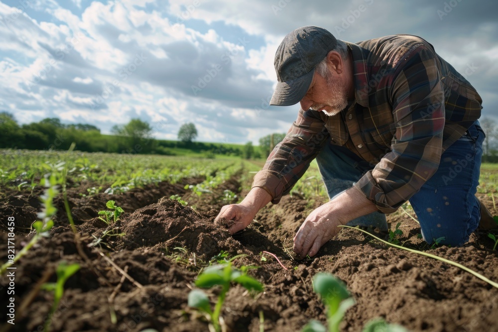 Elderly white male farmer examining a clump of soil in a crop field, emphasizing the importance of soil health and management in agriculture. Elderly white male farmer examining a clump of soil in a crop field, emphasizing the importance of soil health and management in agriculture.