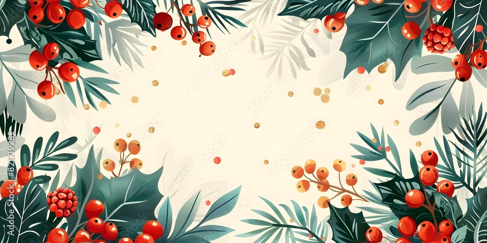 Fototapeta premium Festive Winter Holiday Frame with Lush Holly Berries Pine Branches and Snowflakes in Elegant