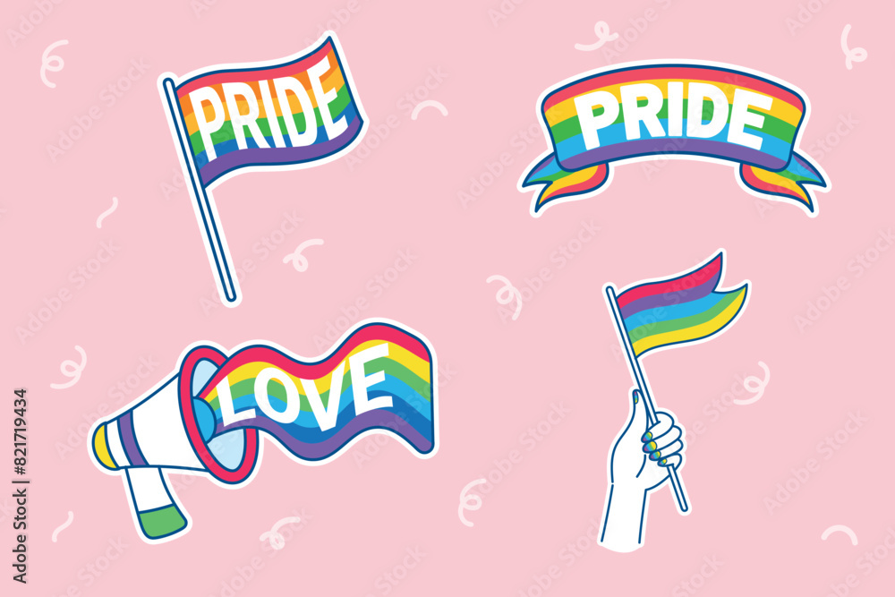 Pride and Love Sticker Icons with Rainbow Flags Pride and Love Sticker Icons with Rainbow Flags