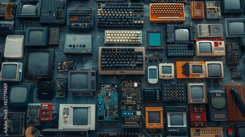 Collection of vintage electronic devices including keyboards, monitors, and circuit boards arranged neatly in a grid pattern on a blue surface, showcasing technology evolution and retro electronics.