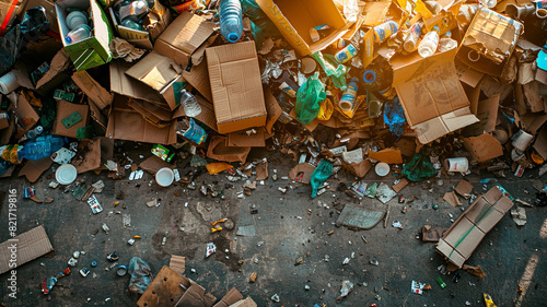 A large pile of garbage, consisting of cardboard boxes, plastic bottles, and other trash