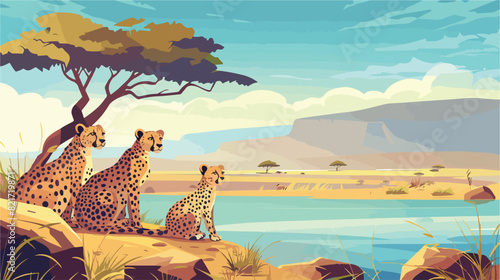 Cheetah family on savannah landscape. Vector cartoon