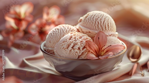Creamy caramel ice cream in a porcelain bowl with flowers adds a touch of elegance to any dessert time. Generative Ai