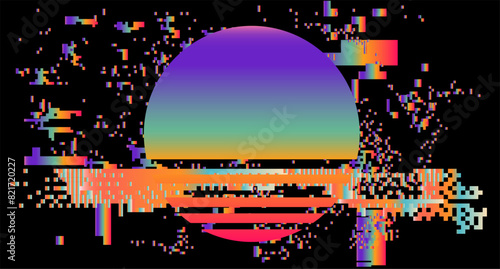 A viector illustration in the center of which is a neon circle, surrounded by visual disturbances in vibrant colors.