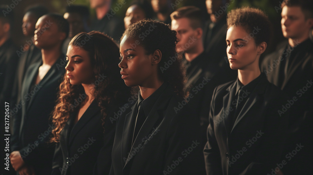 Fototapeta premium People in black suits gathered at the funeral create a sad and modest atmosphere of mourning.